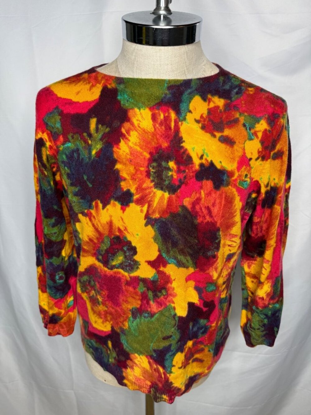 Talbots XL Pure Cashmere Floral Print Sweater Sunflower Fall Vibrant Multicolor